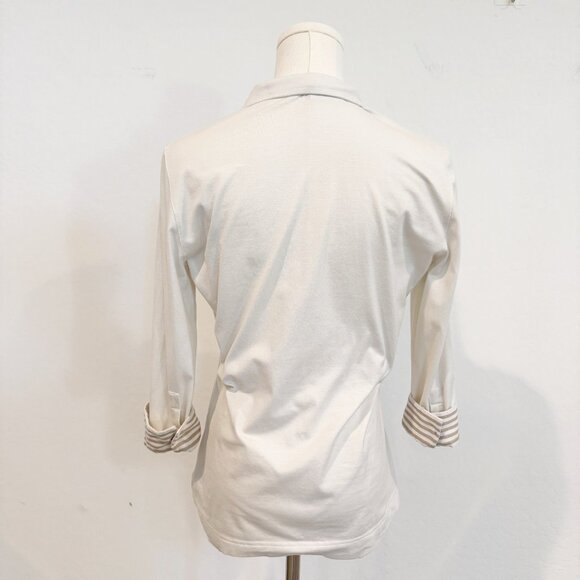 Akris Punto Snap Front Popover 3/4 Sleeve Polo Shirt Blouse Stripes Top White 10 - Picture 8 of 8
